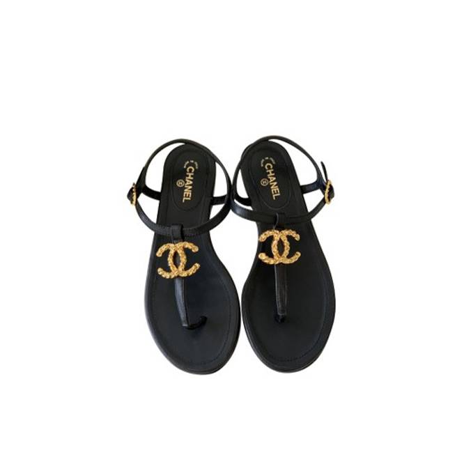 CHANEL LEATHER WOMEN’S SANDALS BLACK GOLD HARDWARE